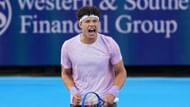 Ben Shelton reacts after winning a point during the match against Camilo Ugo Carabelli of Argentina during Day 4 of the Cincinnati Open | Source: Getty Images